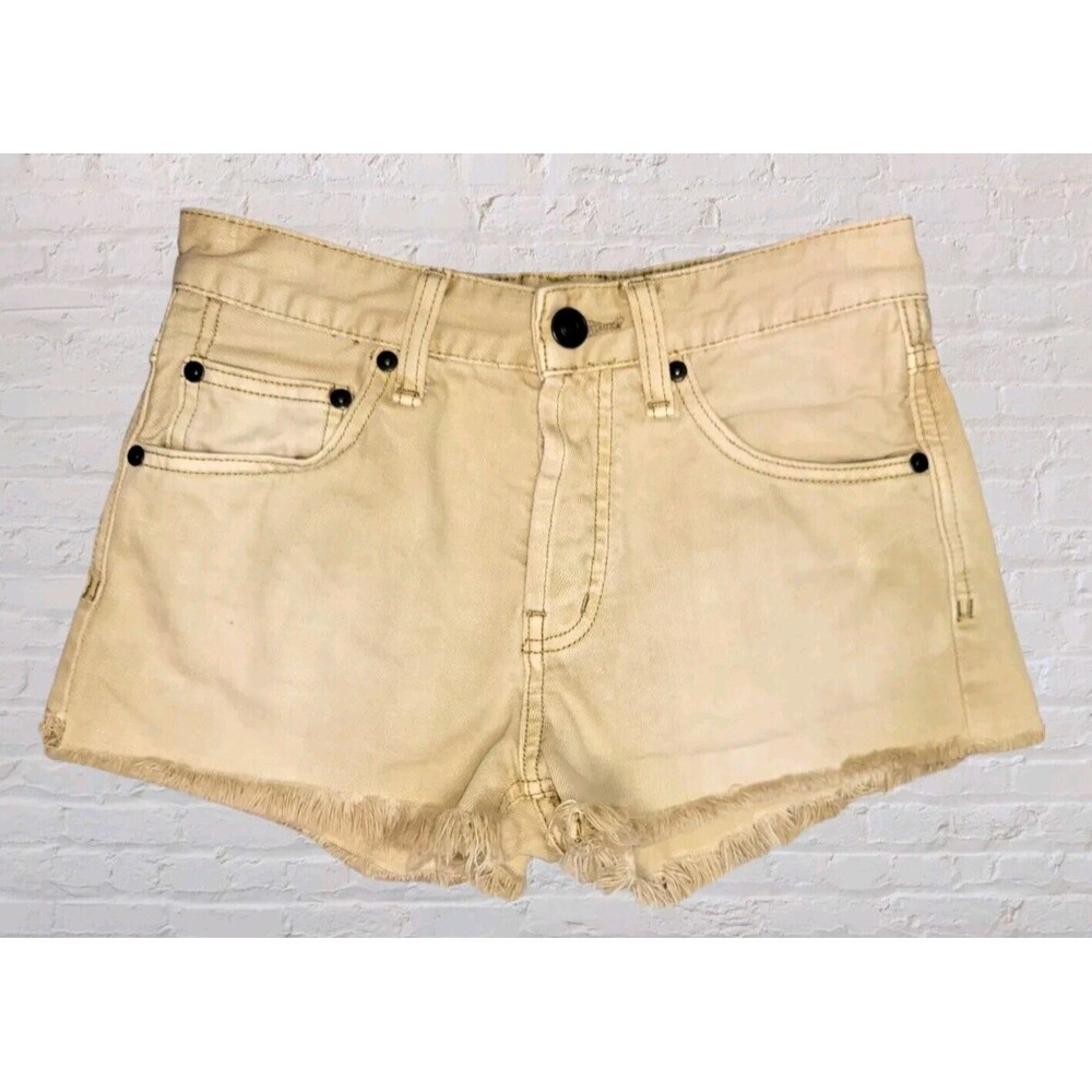 Free People Uptown Cut Off Denim Shorts Women 24 Khaki Button Fly Measures 26